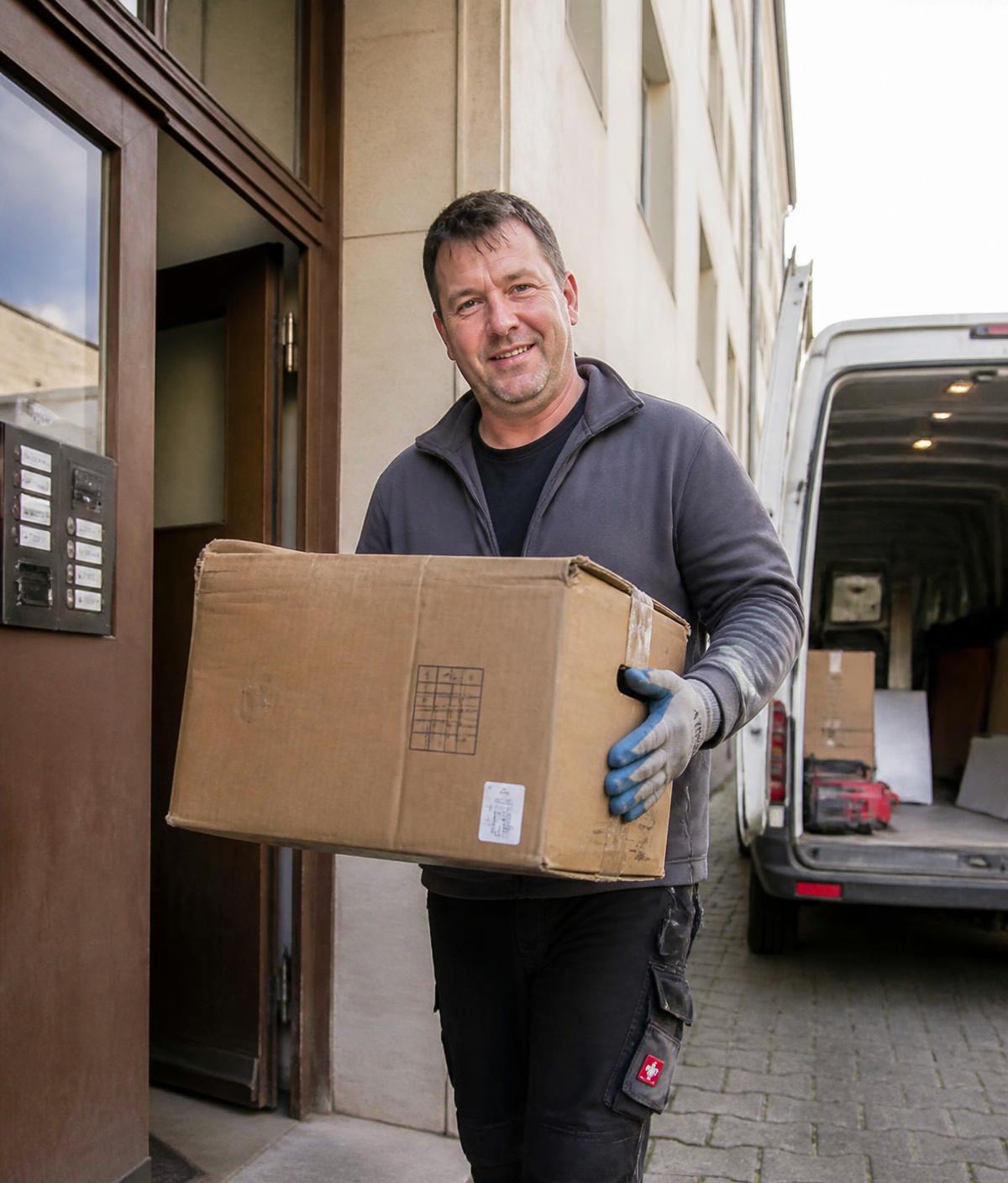 Entrümpler in Arbeitskleidung trägt eine Kiste zum Transporter